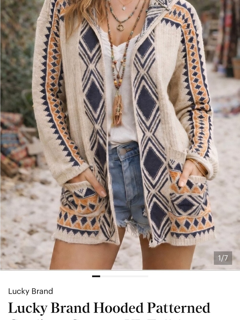 Lucky Brand Boho Knit Hooded Cardigan, Western, Coquette, Streetwear - Picture 4 of 4